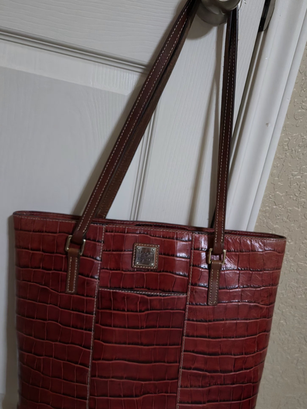 Dooney & Bourke Red Croc-Embossed Tote with Brown Straps